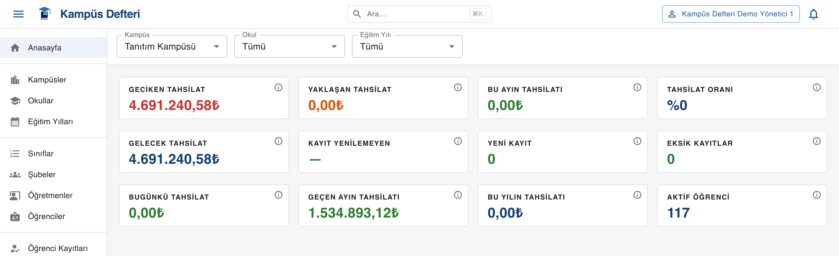 Kampüs Defteri anasayfa paneli — tanıtım kampüsü seçili; tahsilat ve öğrenci özet kartları